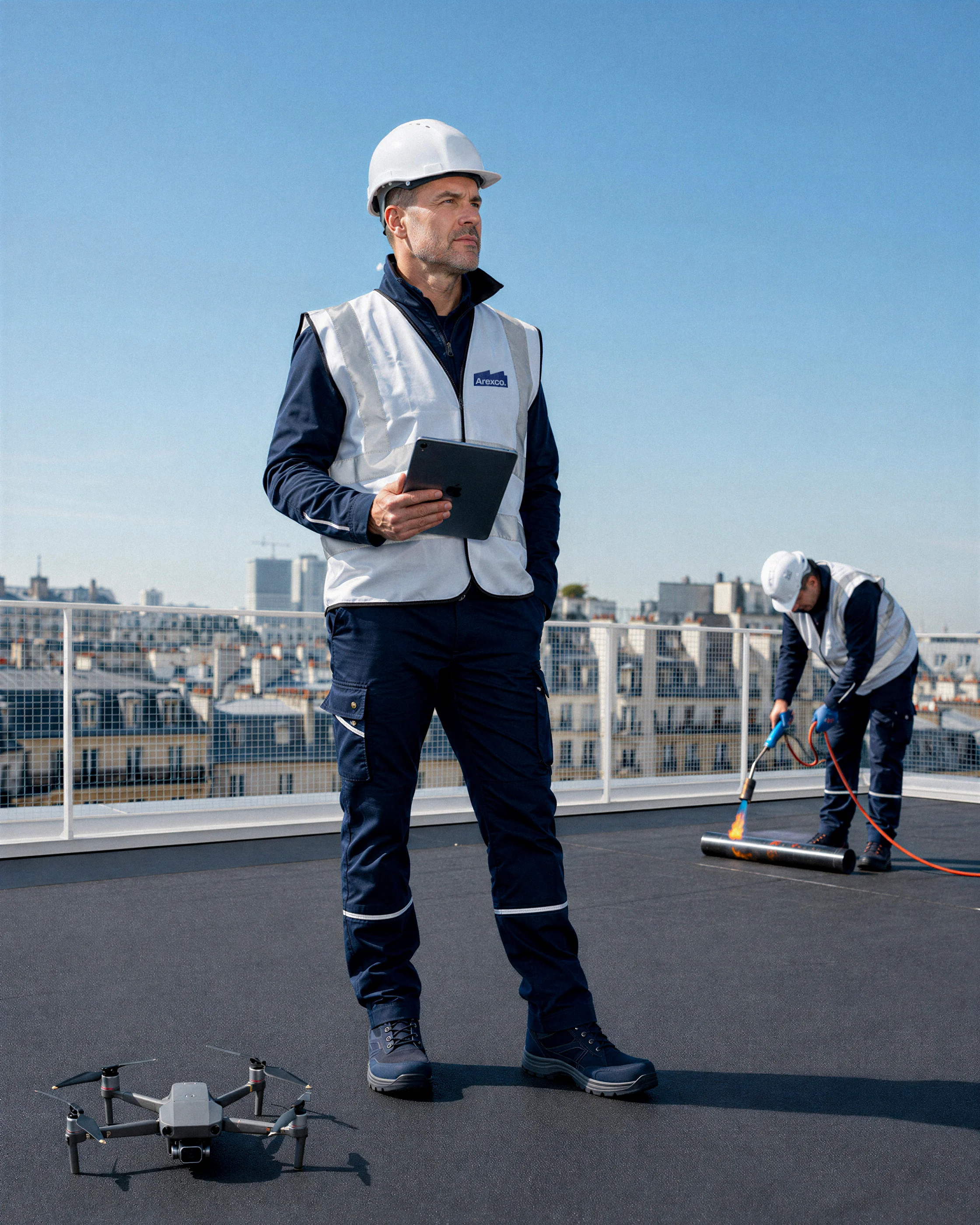 Artisan couvreur Arexco sur toiture-terrasse parisienne, équipé pour relevés numériques et étanchéité