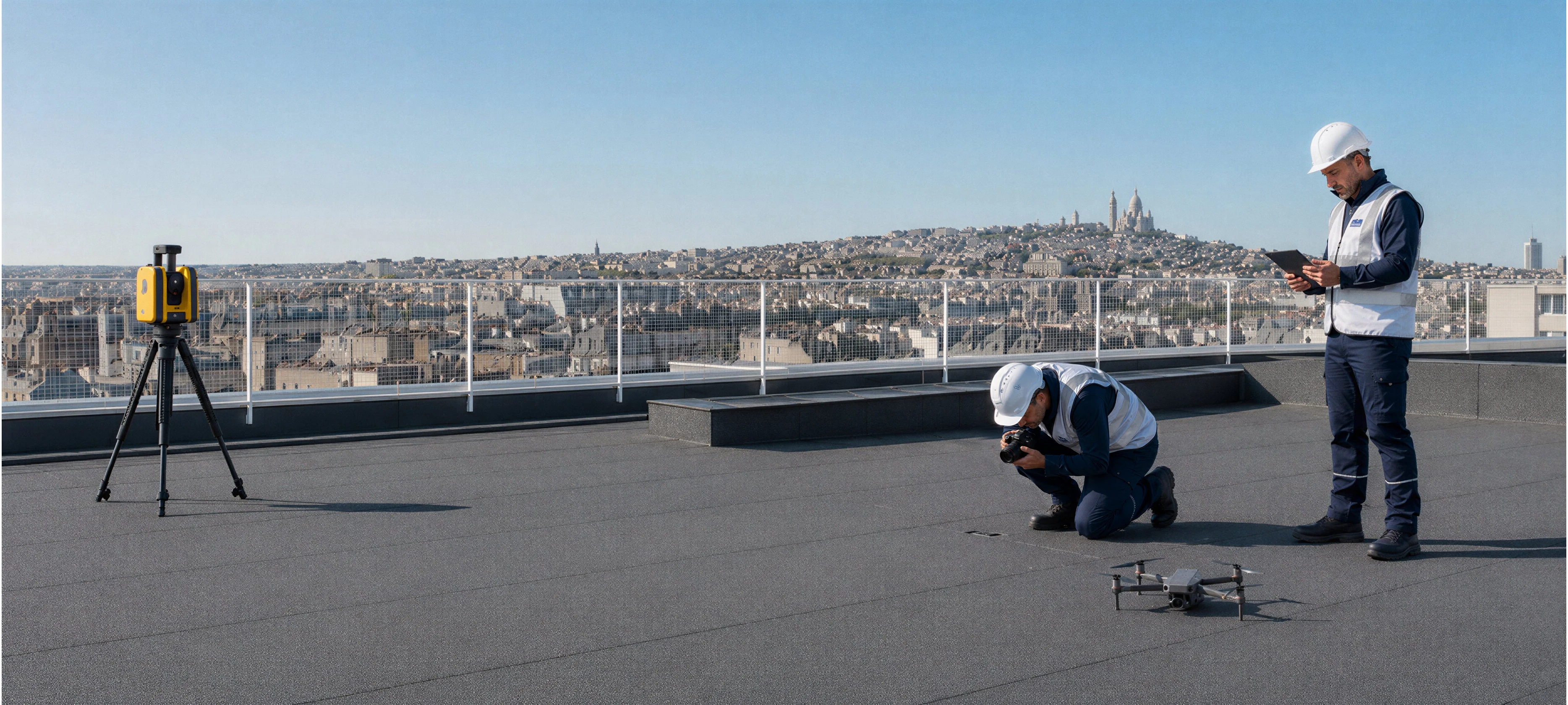 Équipe Arexco sur toiture-terrasse parisienne — scanner topographique, prise de vue photographique du chantier et supervision sur tablette