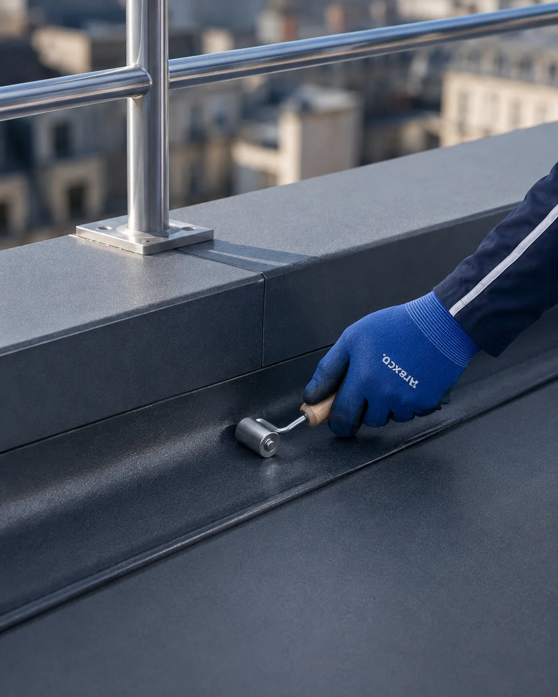 Main gantée appliquant une membrane d'étanchéité au rouleau sur une toiture-terrasse moderne en réhabilitation.