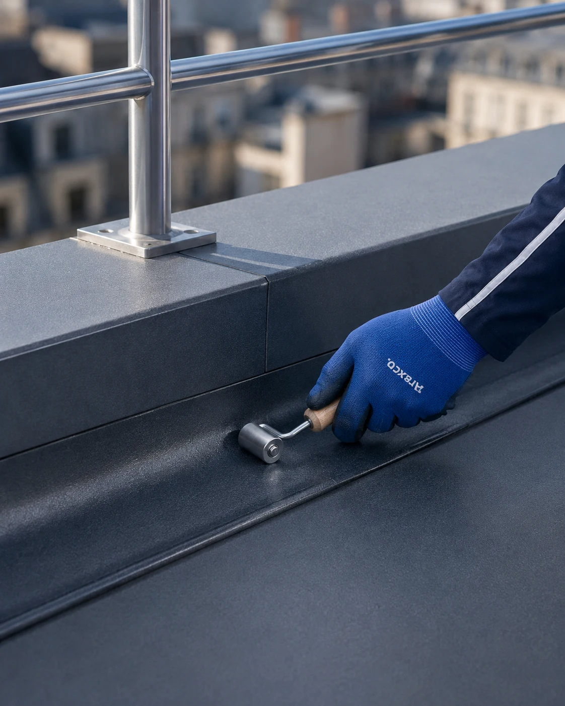 Main gantée appliquant une membrane d'étanchéité au rouleau sur une toiture-terrasse moderne en réhabilitation.