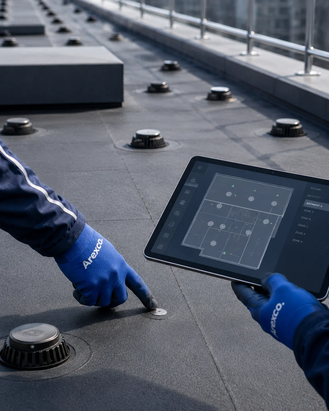 Technicien utilisant une tablette de cartographie pour piloter la gestion d'une toiture-terrasse moderne.
