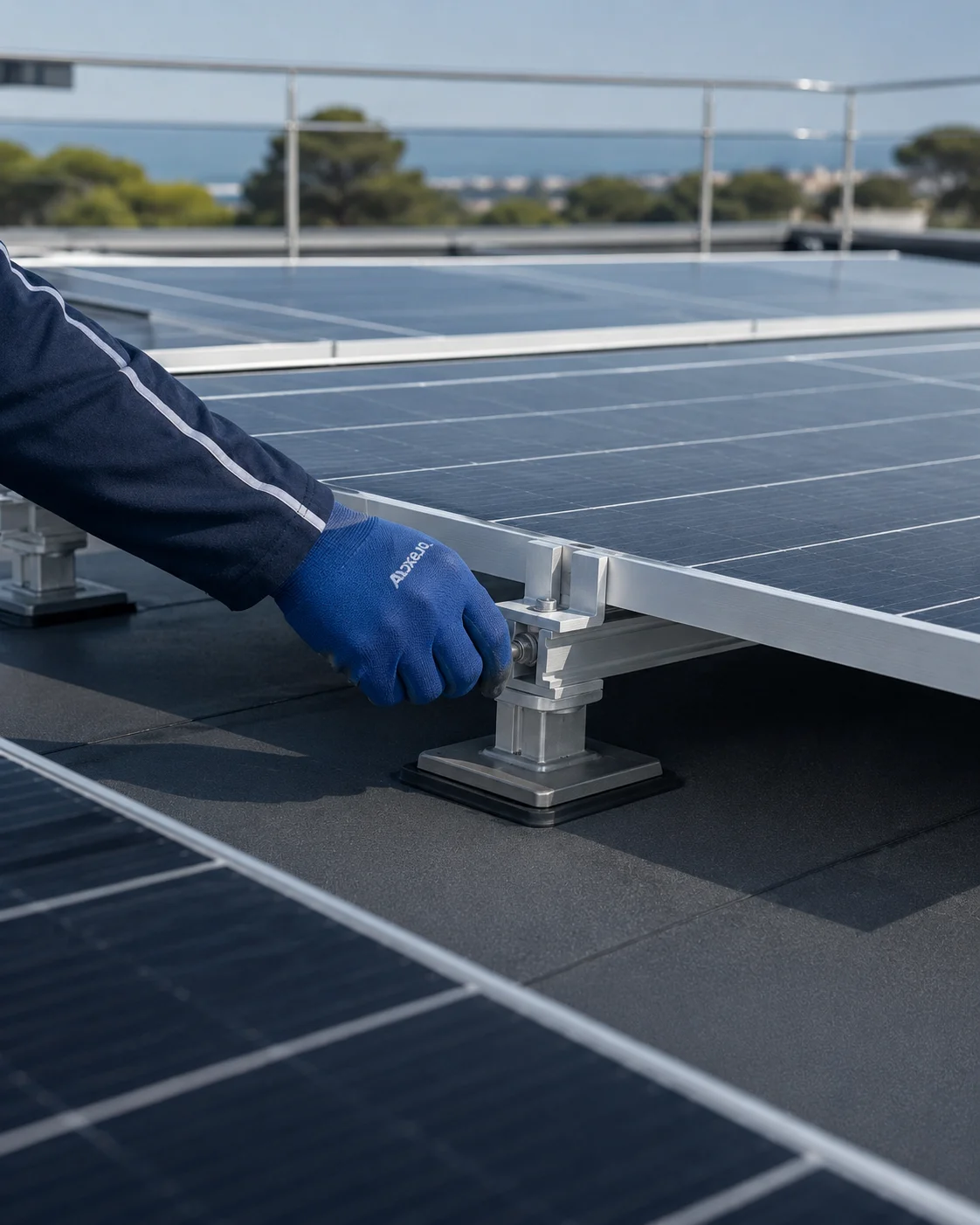 Main gantée ajustant une fixation de panneau photovoltaïque sur une toiture-terrasse moderne.