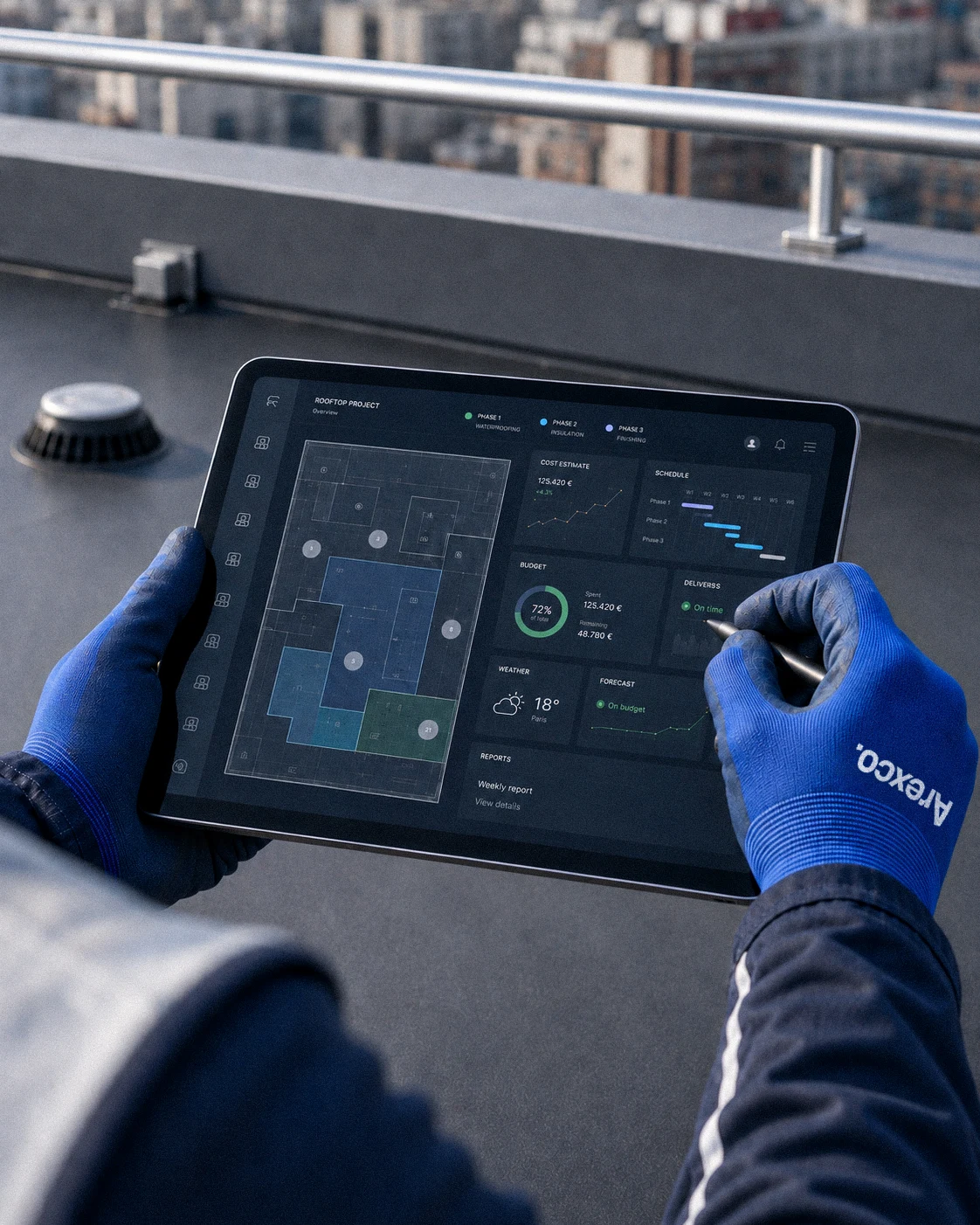 Tablette Arexco affichant le dashboard d'un chantier de toiture : phases d'exécution, chiffrage, planning, budget et météo