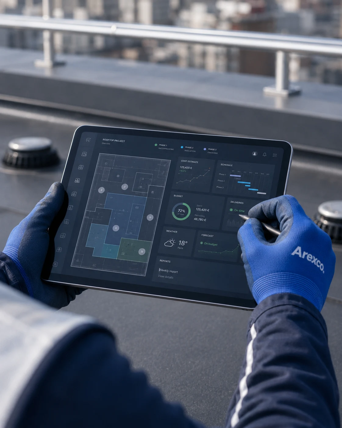 Tablette Arexco affichant le dashboard d'un chantier de toiture : phases d'exécution, chiffrage, planning, budget et météo