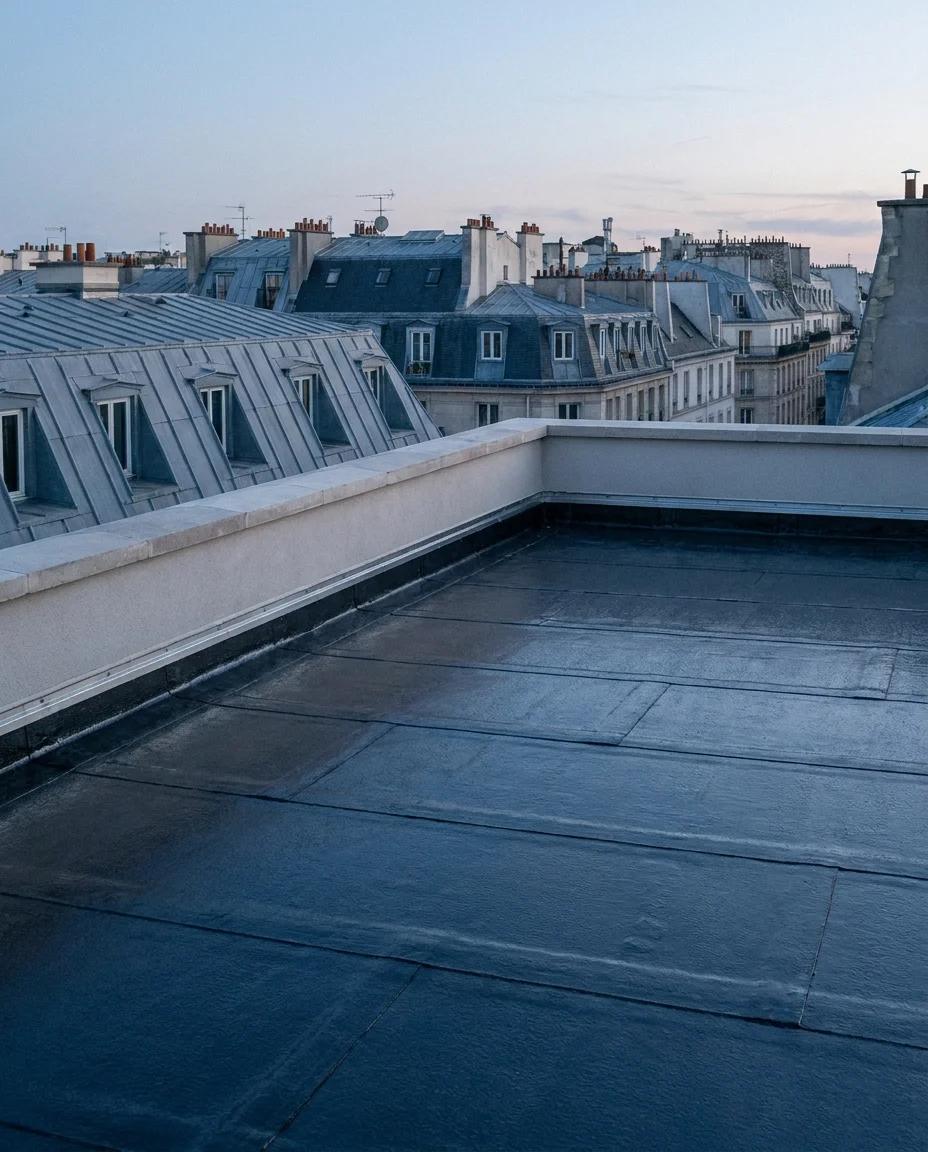 Toiture-terrasse parisienne fraîchement étanchée, membrane neuve et relevés d'acrotère nets, toits de Paris en fond.